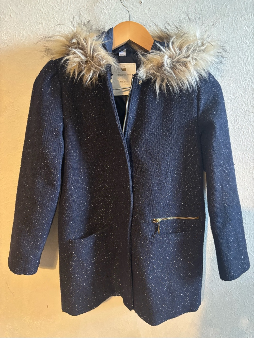 3Pommes Navy Sparkle Pea Coat with Faux Fur Trim